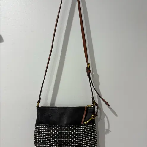 Fossil Fiona Striped Crossbody Bag Purse Handbag Black White Brown With Key N Black