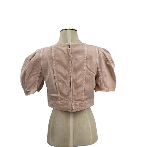 Ulla Johnson Renee Top Crop Denim Puff Sleeve Zip Sweetbriar Pink Size 8