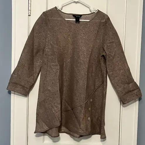 Ali Miles textured tunic top size large floral daisy print stripe sheer metallic Brown