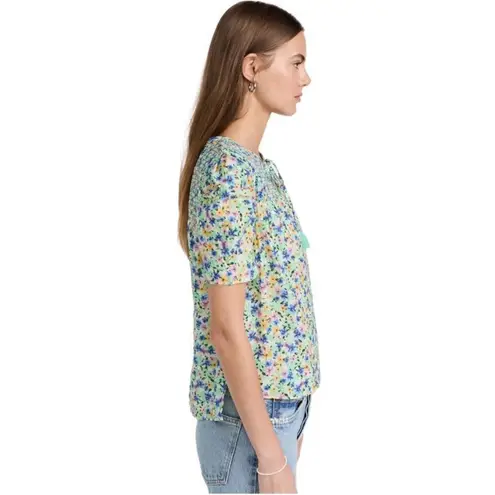 Shoshanna Kira Smocked Floral Tassel Peasant Top M Green Puff Sleeve
