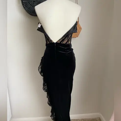 Miss Circle Black Lace Corset Velvet Ruffle High Slit Maxi Dress, Size XS