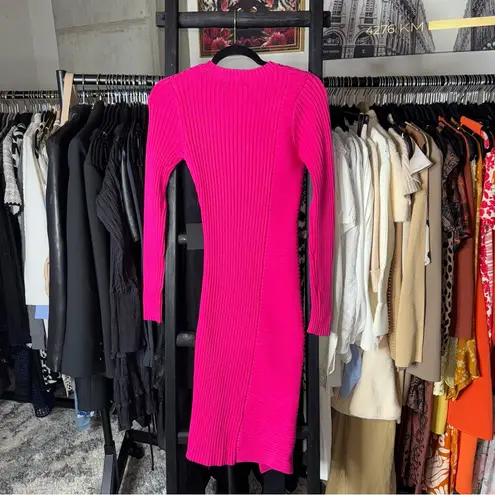 Lulus Hot Pink Ribbed Knit Bodycon Sweater Dress Long Sleeve Asymmetrical Hem