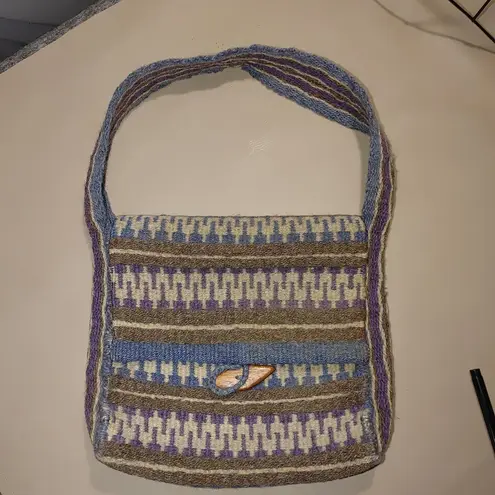 Handwoven Wool Shoulder Bag Blue White Brown Stripes Wood Button Closure Vintage