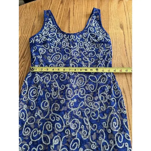Vintage 90s Lacy Blue Embellished Sequin Paisley Print Dress Party Cocktail SzM Size M