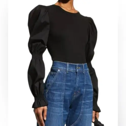Veronica Beard Jeans fawn top blouse cotton blend puff smock sleeve rib black XL