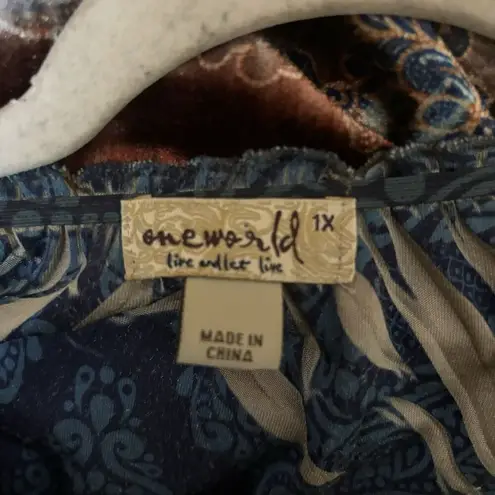 Live and let live One World Top Womens 1X Multicolor Boho Print Stretch Blouse