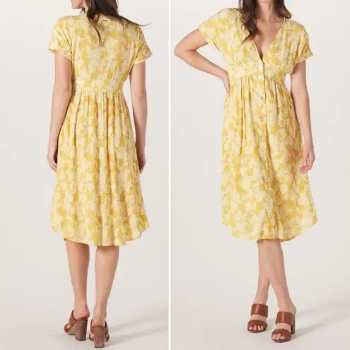 NWT The Normal Brand Ezra Crepe Deep V Button Thru Dress Yellow Size Small NEW