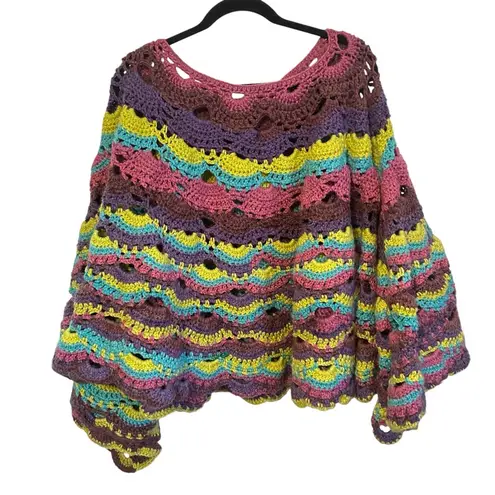 Hand Made Hand Crafted Crochet Knit Striped Boho Poncho Shawl Cape Green