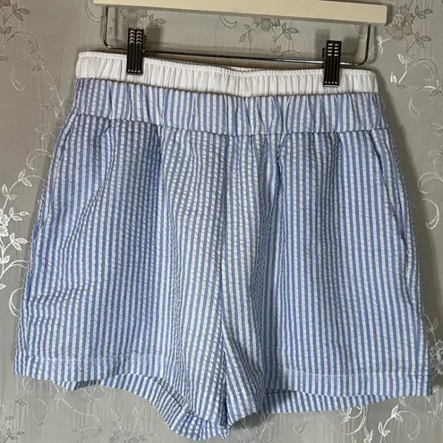 Exlura Blue and White Stripe High Waisted Boxer Shorts Size Small