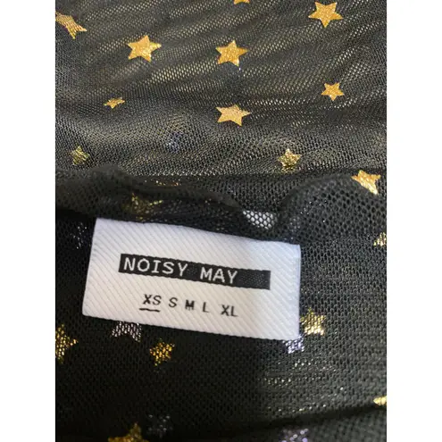 Noisy May Women's Black Gold Star Foil High Neck Long Sleeve Sheer Crop Top XS