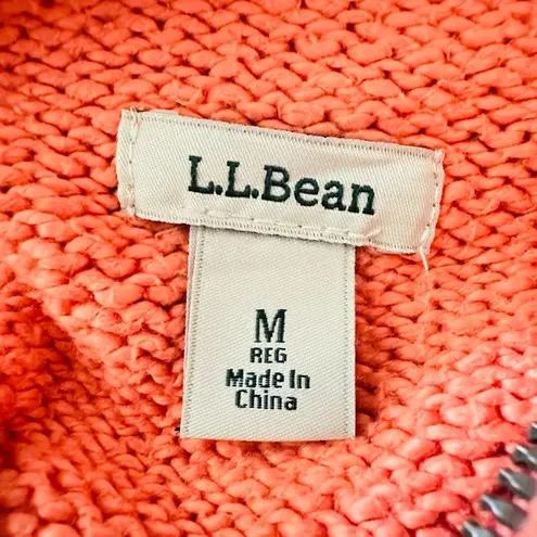 LL Bean Womens Sweater Medium Full Zip Cardigan Peach Mock Neck Cotton Outdoor Orange