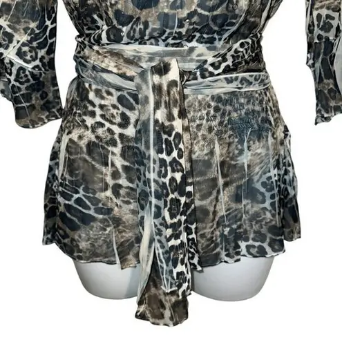 Alberto Makali Semi Sheer Animal Print Rhinestone Belted Top Blouse EUC Small
