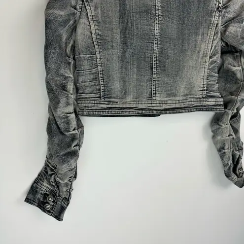 Y2K Cropped Moto Jacket Ruched Sleeves Distressed Sz Small Grunge Black