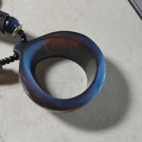 Brown Tan Horn Pendant Necklace Vintage Seed Beaded Strand Barrel Clasp Resin