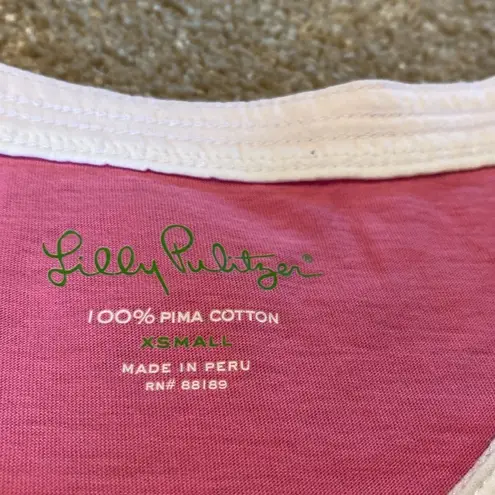 Lilly Pulitzer  Pima Cotton Cap Sleeve Keyhole Front Pink White Tee T-Shirt Sz XS