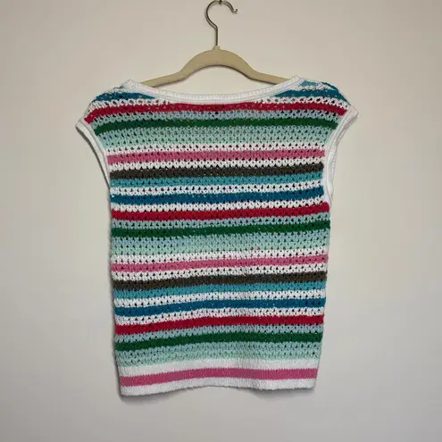 Talbots  Crochet Sweater Vest Women Petite P Sleeveles Green Striped Boho Cottage