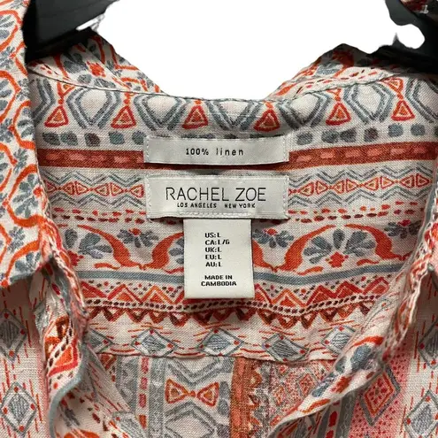 Rachel Zoe  Womens Large 100% Linen Short Sleeve Pink Orange Button Shirt Printed