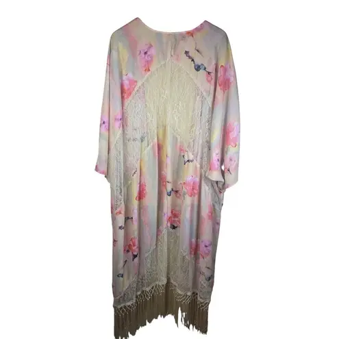 Melissa McCarthy Seven Kimono Cardigan Floral Lace Fringe Boho Robe Plus Size 1X Pink