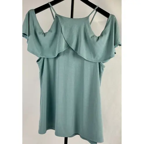 NOUVIDA Ruffle Cold Shoulder Tank Top Ribbed Knit Sleeveless Blouse Casual Blue Size M