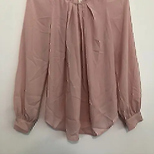 BELLATRIX Pleat Neck Long Sleeve Blouse Solid Light Baby Pink Keyhole Cutout XS