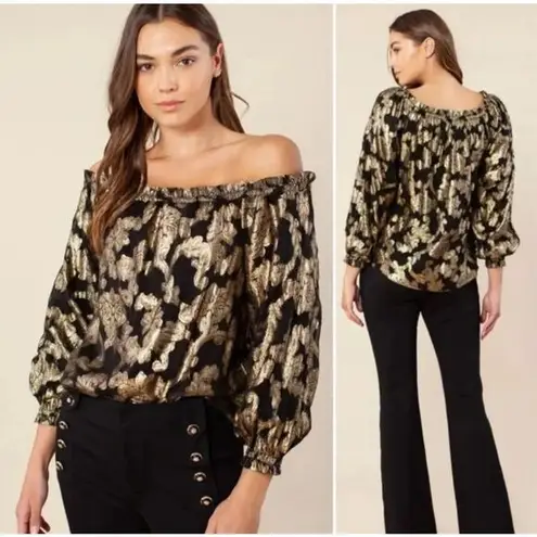 Hale Bob viola black gold metallic jacquard floral blouse size small