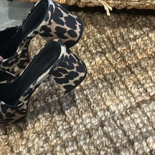 Ganni Brown & Black Leopard Butterfly Square-Toe Platform Satin Heeled Sandals