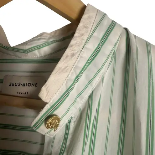 Zeus and Dione White Green Striped Cotton Silk Button Up Blouse Shirt Size M Size M