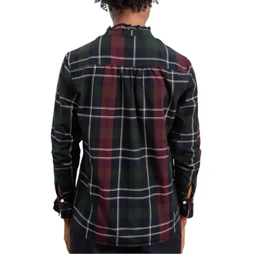 Trovata Birds of Paradis Caroline Ruffle Cuff Blouse Wine Navy Plaid Size Small Blue