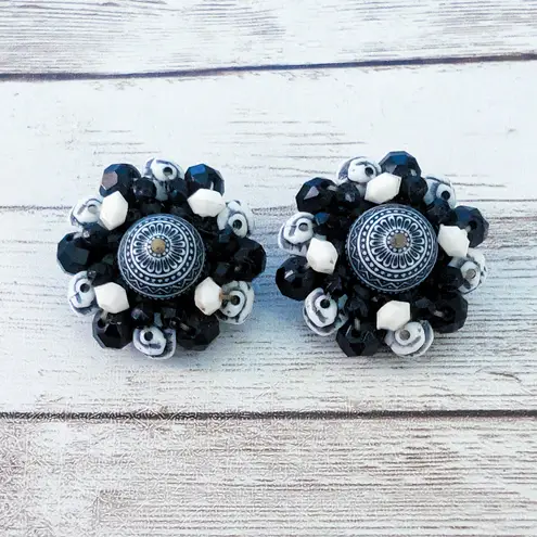 Vintage Clip On Earrings Artsy Statement Blue, Black, Off White