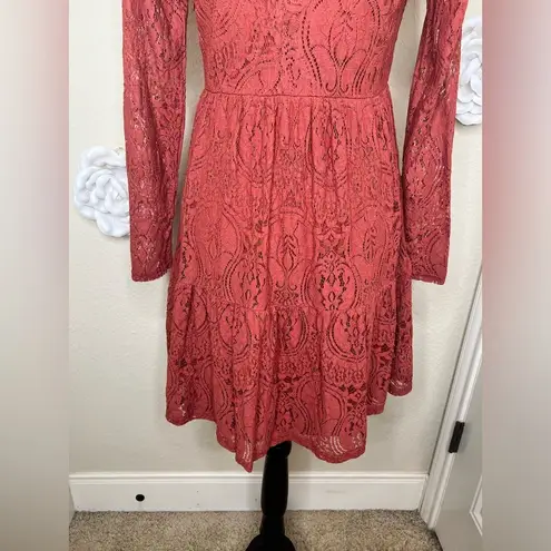 Molly Bracken Terracotta Rust Lace Tiered Dress with Sheer Sleeves Size M