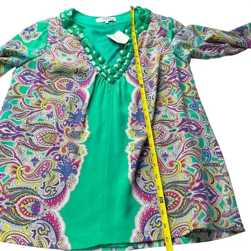 Tibi Silk Tunic Beaded Neckline Bright Green Gorgeous Brunch Summer Event