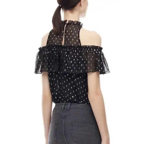 Rebecca Taylor Black and Metallic Cold Shoulder Top Size Small MSRP $350 - Image 2