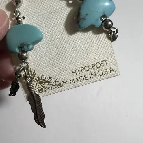 Boutique Silver Tone Turquoise Bear Bead and Dangle Feather Earrings Hypoallergenic Post