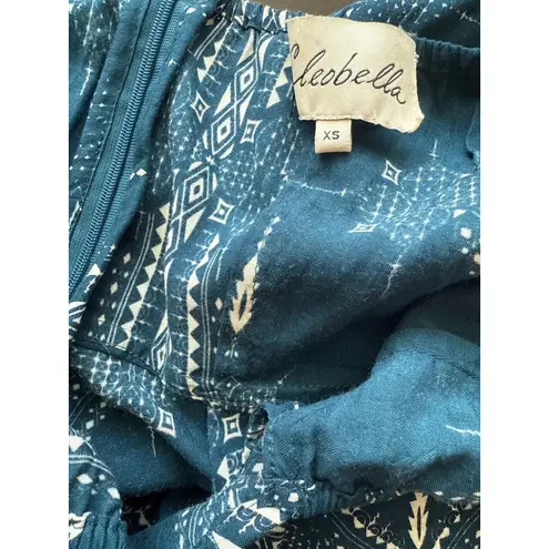 Cleobella Low Neck Halter Wide Leg Teal & Cream Jumpsuit Pockets Size XS