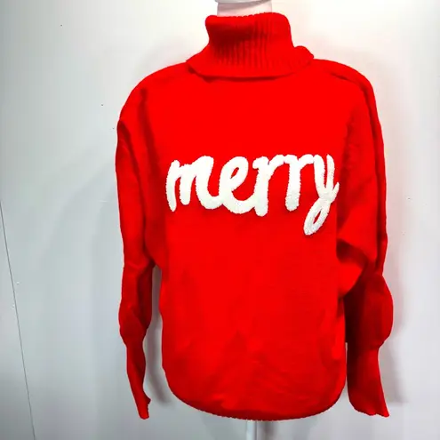 Christmas Holiday Fuzzy Merry Appliqué Red Turtleneck Sweater Size XL