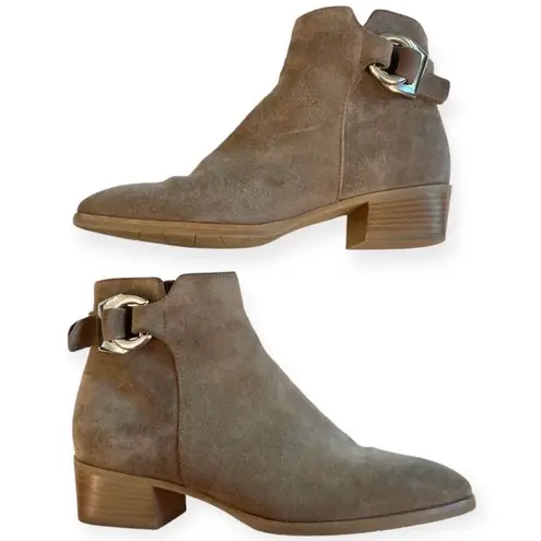 Aquatalia Faria Booties Taupe Brown Suede Ankle Boots 8 Buckle Square Toe 395346