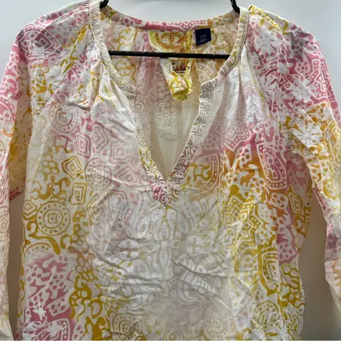 Robert Graham Split Neck Embroidered Textured Print Pink Yellow Ombre Top Size S - Image 2