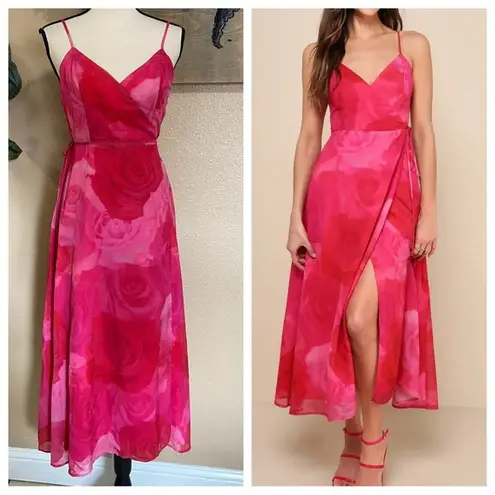 NWOT Lulus Radiant Perfection Hot Pink Floral Print Wrap Midi Dress Red Size M