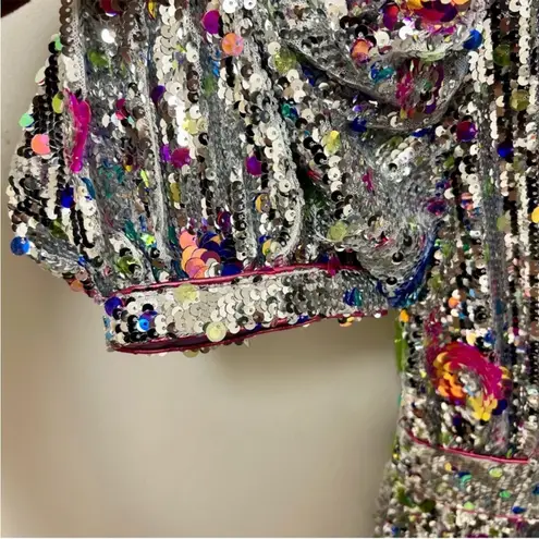 CeliaB Wonderer Silver Sequins Floral Statement Puff Sleeves Mini Dress NEW XXS