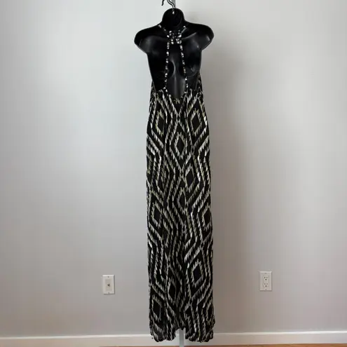 Tiare Hawaii Black Gold Tribal Diamond Print Maxi Dress Halter Neck Size S