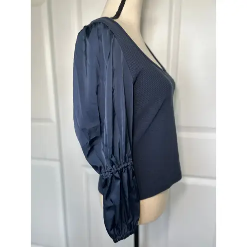 Maeve NWT Anthropologie Navy Ribbed Satin Tiered Balloon Sleeve Top Size Small