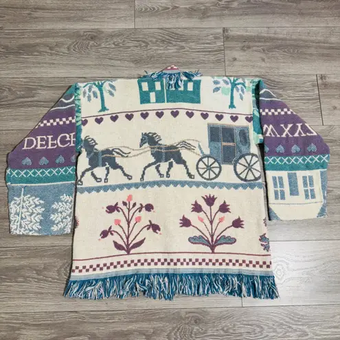 Crown Crafts Woven Tapestry Cardigan Sweater Fringe Floral Horse Carriage Cabin Blue Size undefined