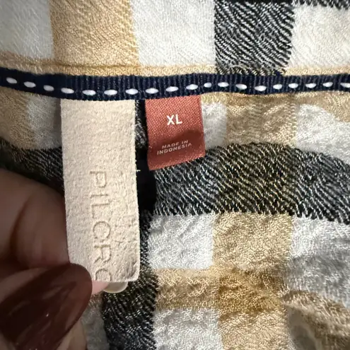 Pilcro Plaid Button Front Ruched Long Sleeve Shirt Size XL Tan Black White