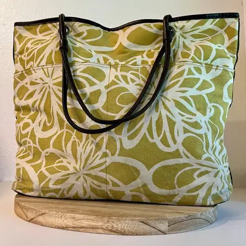 Large Yellow Retro Floral Beach Summer Brown Vegan Leather Trim Tote Bag