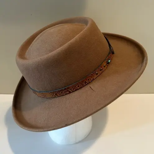 Scala VTG  Brown Hand Made 100% Wool Fedora Hat‎ One Size Leather Trim Turquoise