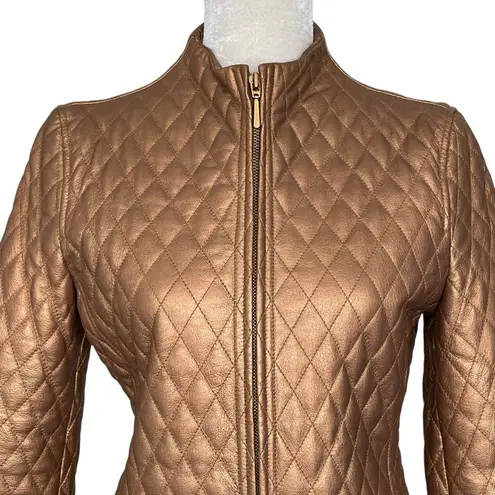 Blushe Vintage Quilted Leather Jacket Women’s Size 8 Bronze Gold Chic Zipper Brown