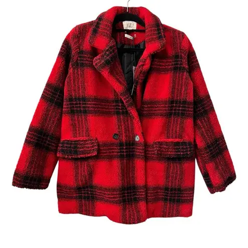 Stoosh Peacoat Jacket Double Breasted in Red and Black Plaid Size L