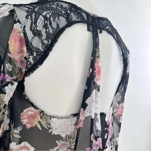 Planet Blue floral lace sheer blouse top XSMALL key hole back long bell sleeve