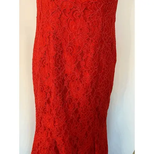 Mikael Aghal Red Full Length Lace Overlay Maxi Dress Red Size undefined