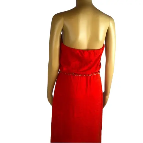 Cache  Strapless Red Orange Textured Slit Sides Belted Maxi Dress Womens Small